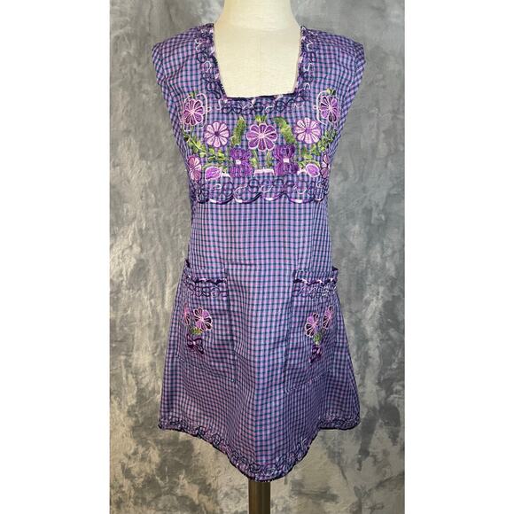 Vintage 80's pinafore apron tunic plaid flower embroidery S cottagecore feminine - Picture 1 of 9